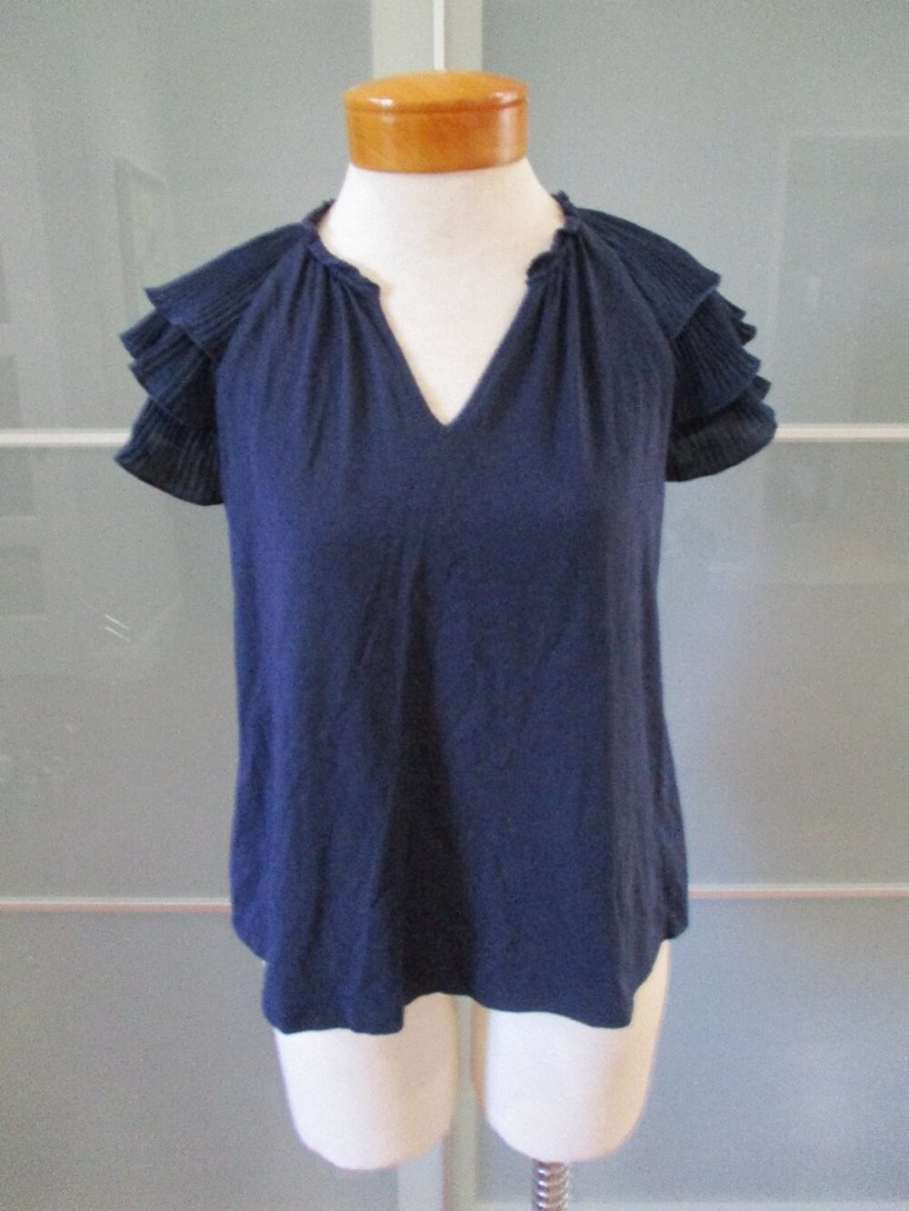 Nanette Nanette Lepore Navy Pleated Tiered Short Sleeve V-Neck Top